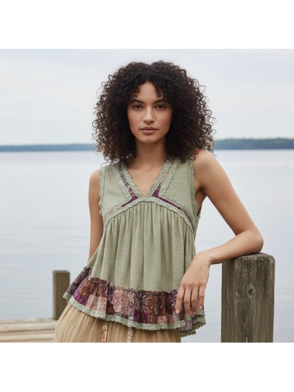 POL Powder Olive Floral Trim Tank Top